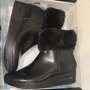 DKNY Women’s Black Faux-Fur Cuff Wedge Ankle Boots